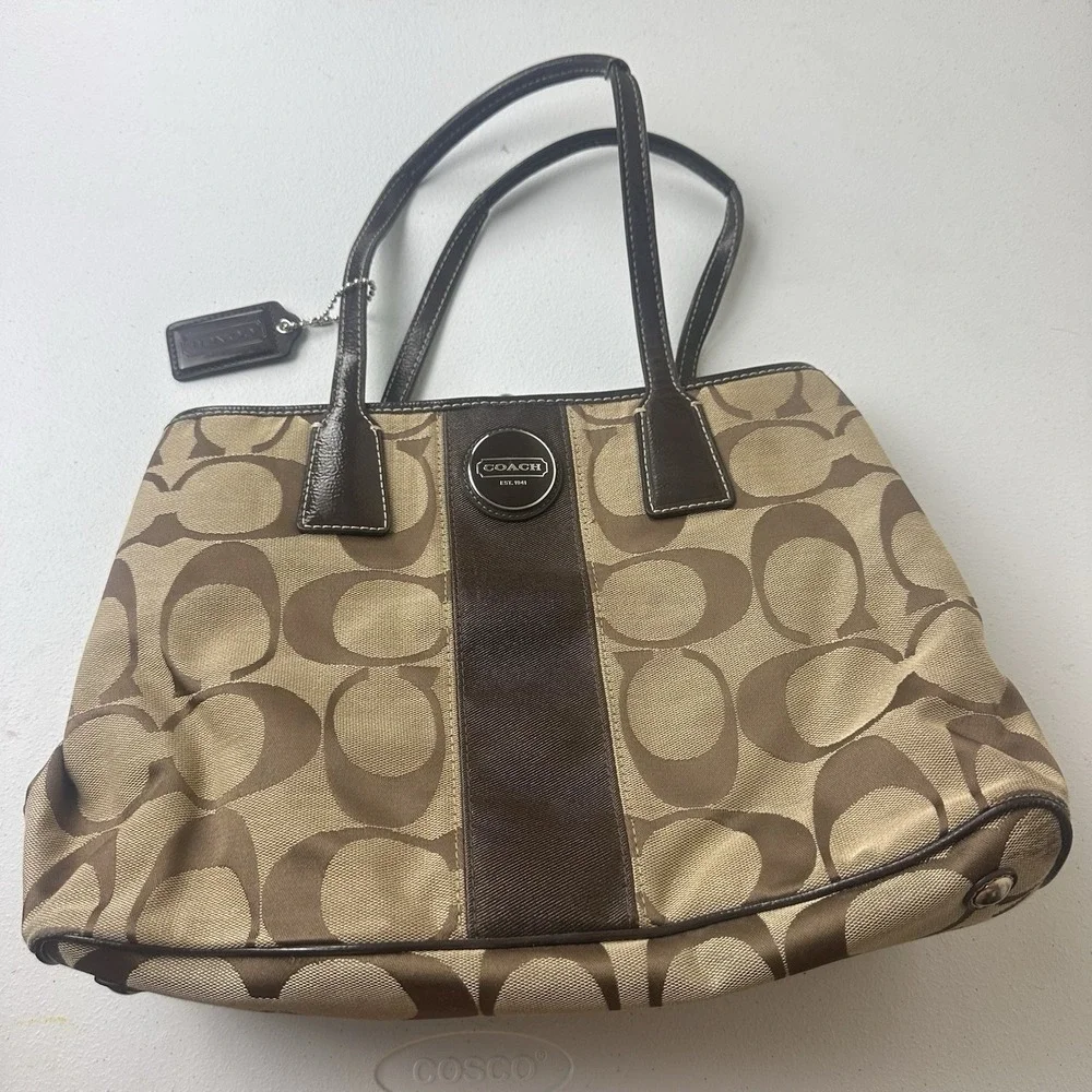 Coach F17424 Signature Stripe Framed Carryall Tote Bag In Tan & Brown Leather